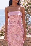 Sparkly Pink Strapless Bodycon Sequins Midi Floral Wedding Guest Dress with Slit