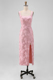 Sparkly Pink Bodycon Square Neck Sequins Midi Floral Wedding Guest Dress with Slit