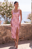 Sparkly Pink Bodycon Square Neck Sequins Midi Floral Wedding Guest Dress with Slit