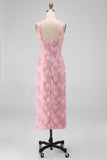Sparkly Pink Bodycon Square Neck Sequins Midi Floral Wedding Guest Dress with Slit