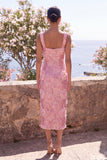 Sparkly Pink Bodycon Square Neck Sequins Midi Floral Wedding Guest Dress with Slit