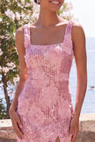Sparkly Pink Bodycon Square Neck Sequins Midi Floral Wedding Guest Dress with Slit