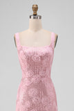 Sparkly Pink Bodycon Square Neck Sequins Midi Floral Wedding Guest Dress with Slit