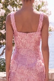 Sparkly Pink Bodycon Square Neck Sequins Midi Floral Wedding Guest Dress with Slit