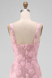 Sparkly Pink Bodycon Square Neck Sequins Midi Floral Wedding Guest Dress with Slit