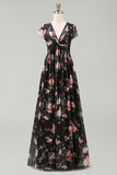 Black Chiffon Floral A-Line V-Neck Ruched Cap Sleeves Maxi Wedding Guest Dress