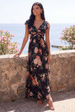 Black Chiffon A-Line V-Neck Ruched Maxi Floral Wedding Guest Dress with Cap Sleeves