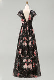 Black Chiffon Floral A-Line V-Neck Ruched Cap Sleeves Maxi Wedding Guest Dress