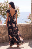 Black Chiffon A-Line V-Neck Ruched Maxi Floral Wedding Guest Dress with Cap Sleeves