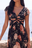 Black Chiffon A-Line V-Neck Ruched Maxi Floral Wedding Guest Dress with Cap Sleeves