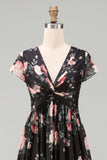 Black Chiffon Floral A-Line V-Neck Ruched Cap Sleeves Maxi Wedding Guest Dress