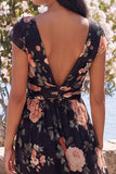 Black Chiffon A-Line V-Neck Ruched Maxi Floral Wedding Guest Dress with Cap Sleeves