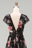 Black Chiffon Floral A-Line V-Neck Ruched Cap Sleeves Maxi Wedding Guest Dress