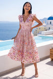 A-Line Pink V-Neck Embroidered Floral Midi Wedding Guest Dress with Ruffles