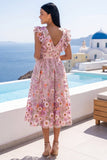 A-Line Pink V-Neck Embroidered Floral Midi Wedding Guest Dress with Ruffles