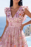 A-Line Pink V-Neck Embroidered Floral Midi Wedding Guest Dress with Ruffles