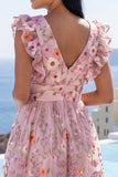 A-Line Pink V-Neck Embroidered Floral Midi Wedding Guest Dress with Ruffles