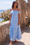 A-Line Blue Off the Shoulder Floral Maxi Wedding Guest Dress with Appliques