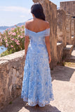 A-Line Blue Off the Shoulder Floral Maxi Wedding Guest Dress with Appliques