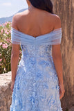A-Line Blue Off the Shoulder Floral Maxi Wedding Guest Dress with Appliques