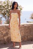 Yellow Strapless Ruched Bodycon Midi Floral Wedding Guest Dress