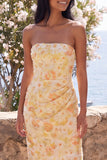 Yellow Strapless Ruched Bodycon Midi Floral Wedding Guest Dress