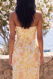 Yellow Strapless Ruched Bodycon Midi Floral Wedding Guest Dress