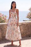 Ivory Sweetheart Tulle Corset A-Line Embroidered Midi Floral Wedding Guest Dress