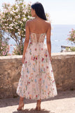 Ivory Sweetheart Tulle Corset A-Line Embroidered Midi Floral Wedding Guest Dress