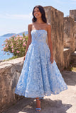 Blue Strapless A-Line Sheer Corset Appliqued Midi Floral Wedding Guest Dress