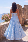 Blue Strapless A-Line Sheer Corset Appliqued Midi Floral Wedding Guest Dress