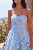 Blue Strapless A-Line Sheer Corset Appliqued Midi Floral Wedding Guest Dress