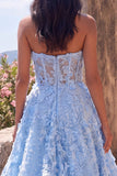 Blue Strapless A-Line Sheer Corset Appliqued Midi Floral Wedding Guest Dress