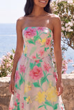 Daffodil Pink Flower Strapless A-Line Midi Wedding Guest Dress