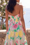 Daffodil Pink Flower Strapless A-Line Midi Wedding Guest Dress