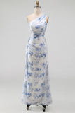 Blue Flower One Shoulder Mermaid Ruched Maxi Wedding Guest Dress with Ruffles