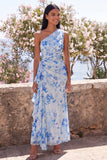 Blue Flower One Shoulder Mermaid Ruched Maxi Wedding Guest Dress with Ruffles