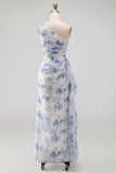Blue Flower One Shoulder Mermaid Ruched Maxi Wedding Guest Dress with Ruffles