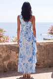 Blue Flower One Shoulder Mermaid Ruched Maxi Wedding Guest Dress with Ruffles