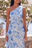 Blue Flower One Shoulder Mermaid Ruched Maxi Wedding Guest Dress with Ruffles