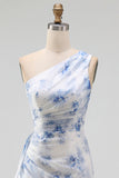 Blue Flower One Shoulder Mermaid Ruched Maxi Wedding Guest Dress with Ruffles
