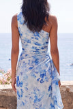 Blue Flower One Shoulder Mermaid Ruched Maxi Wedding Guest Dress with Ruffles