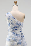 Blue Flower One Shoulder Mermaid Ruched Maxi Wedding Guest Dress with Ruffles
