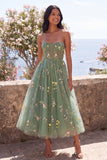 Sweetheart Dusty Sage A-Line Sheer Corset Embroidered Floral Midi Wedding Guest Dress