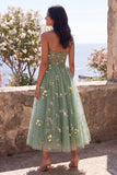 Sweetheart Dusty Sage A-Line Sheer Corset Embroidered Floral Midi Wedding Guest Dress