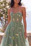 Sweetheart Dusty Sage A-Line Sheer Corset Embroidered Floral Midi Wedding Guest Dress