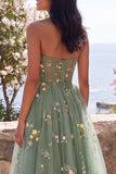 Sweetheart Dusty Sage A-Line Sheer Corset Embroidered Floral Midi Wedding Guest Dress