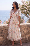 Ivory A-Line Tulle Corset V-Neck Embroidered Floral Midi Wedding Guest Dress