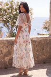 Ivory A-Line Tulle Corset V-Neck Embroidered Floral Midi Wedding Guest Dress