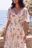 Ivory A-Line Tulle Corset V-Neck Embroidered Floral Midi Wedding Guest Dress